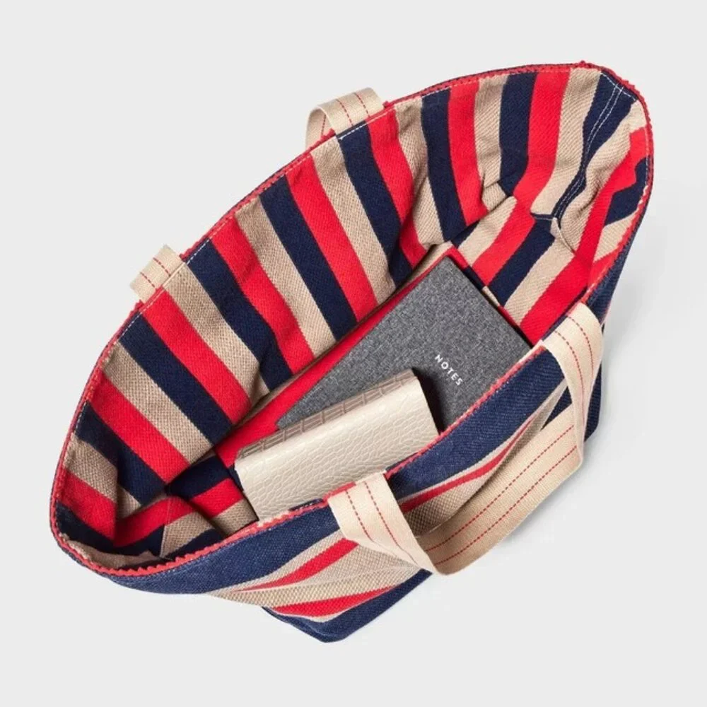 Universal Thread Navy/Red Striped Reversible Canvas Tote/NWT